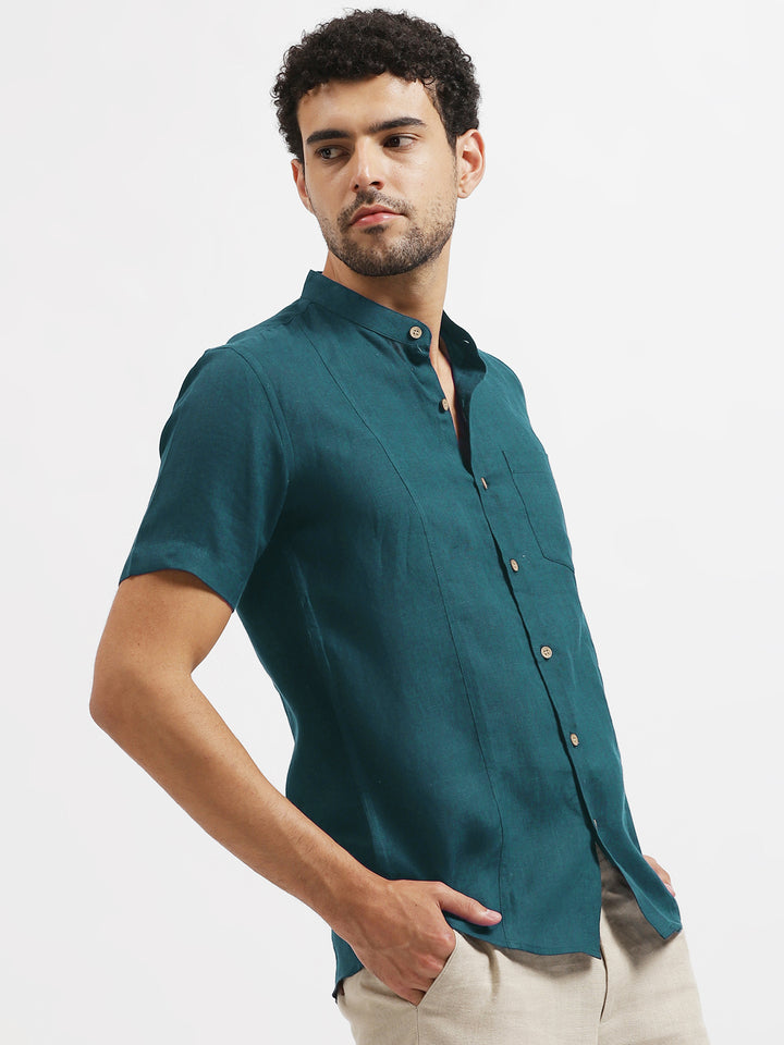 Trevor - Pure Linen Mandarin Collar Half Sleeve Shirt - Midnight Blue