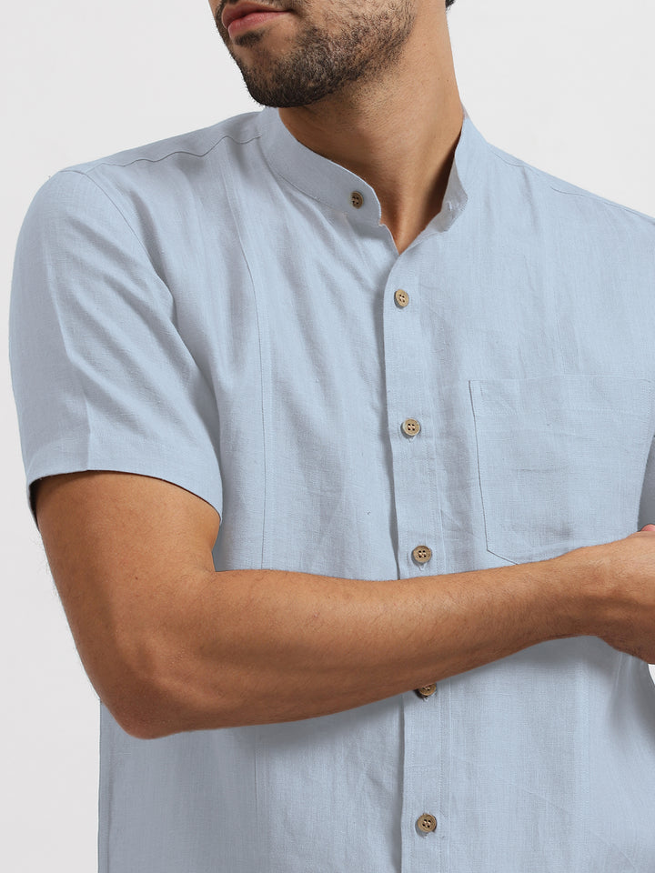 Trevor - Pure Linen Mandarin Collar Half Sleeve Shirt - Shutter Blue