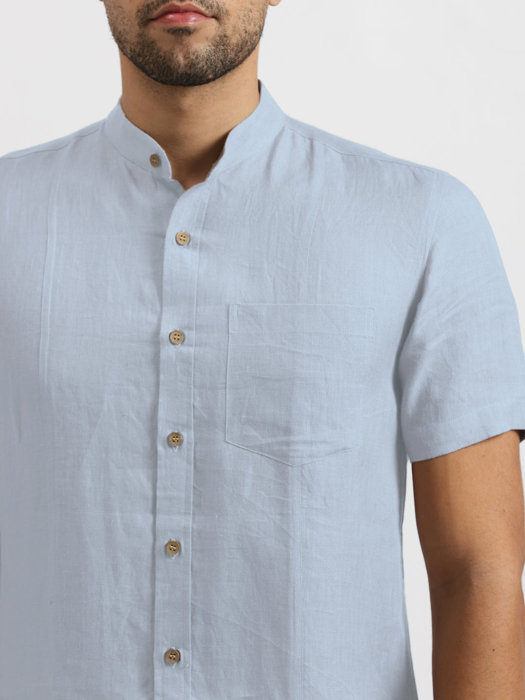 Trevor - Pure Linen Mandarin Collar Half Sleeve Shirt - Shutter Blue
