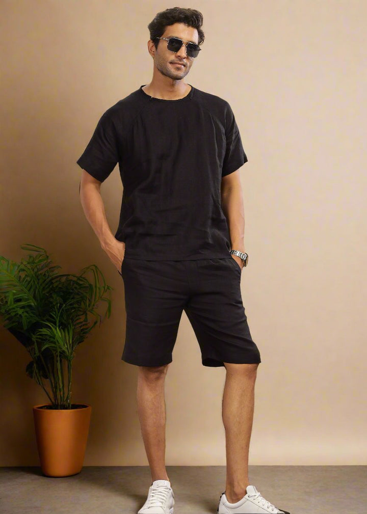 Trio Shorts - Pure Linen Shorts With Elastic Band - Black