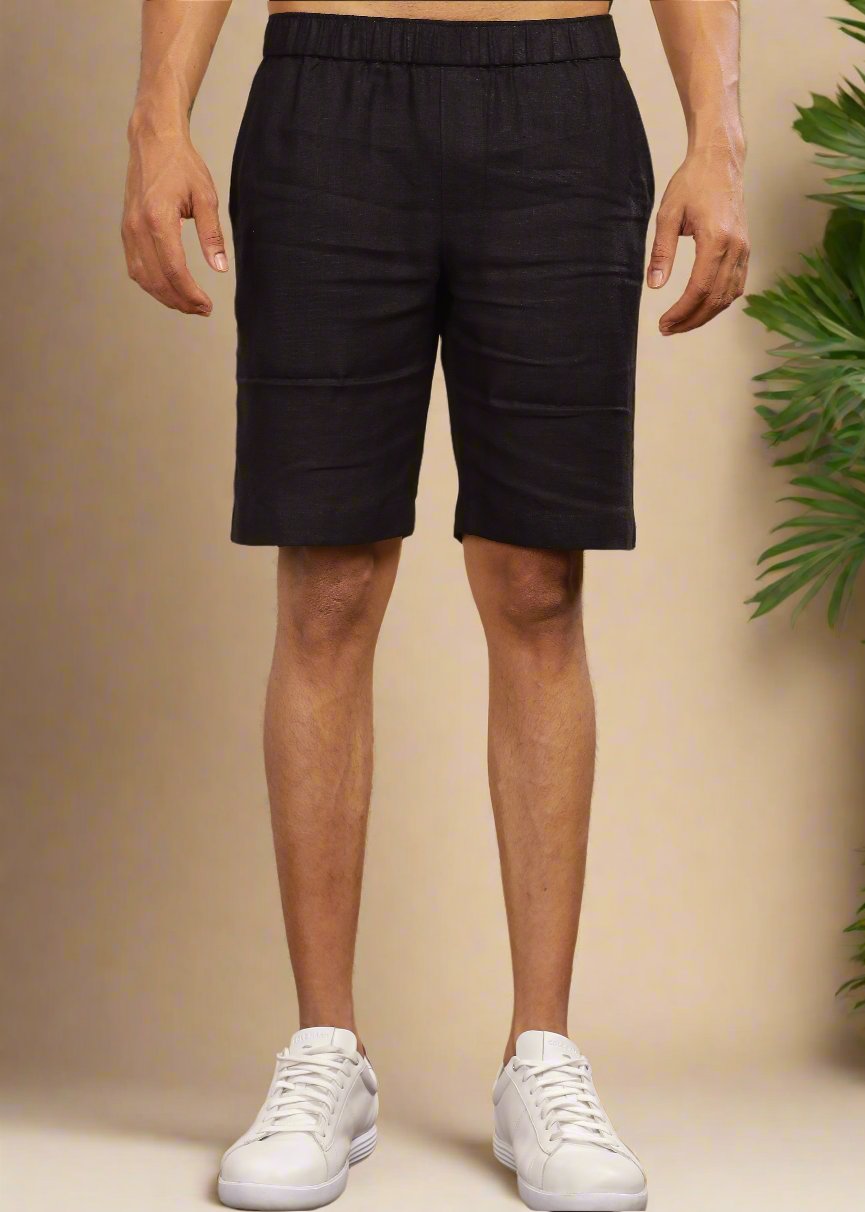 Trio Shorts - Pure Linen Shorts With Elastic Band - Black