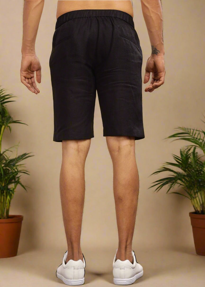 Trio Shorts - Pure Linen Shorts With Elastic Band - Black