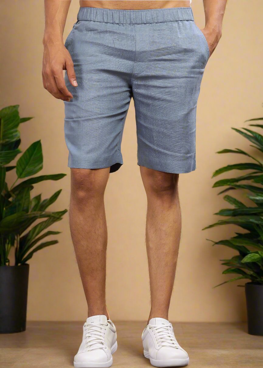 Trio Shorts - Pure Linen Shorts With Elastic Band - Blue Grey