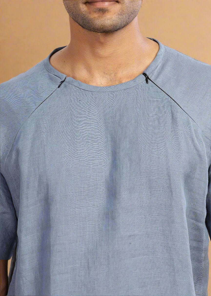 Trio Raglan Sleeve Pure Linen T-Shirt With Zipper | Blue Grey