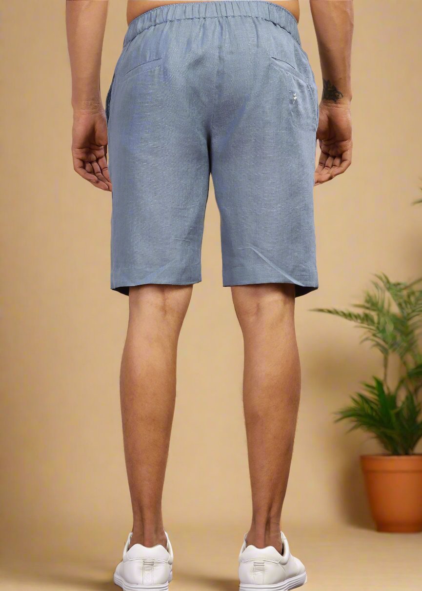 Trio Shorts - Pure Linen Shorts With Elastic Band - Blue Grey