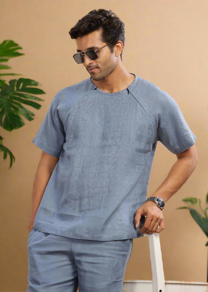 Trio Pure Linen Shorts & T-Shirt Co-ord Set | Blue Grey