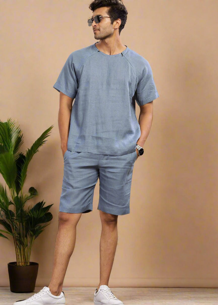 Trio Pure Linen Shorts & T-Shirt Co-ord Set | Blue Grey