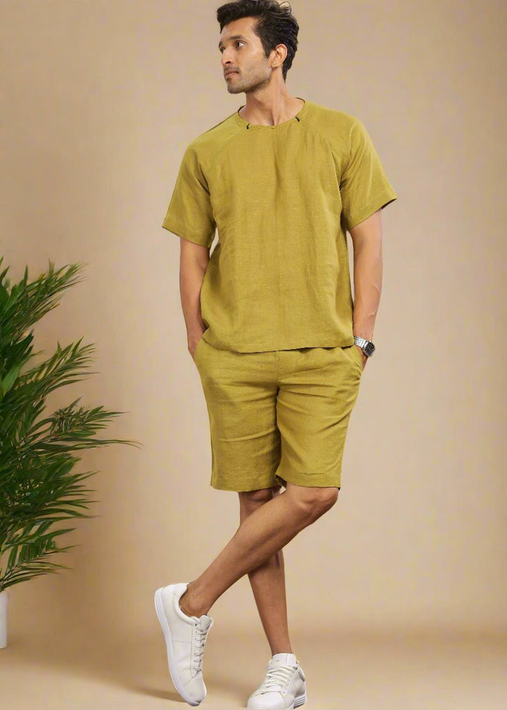 Trio Shorts - Pure Linen Shorts With Elastic Band - Sap Green