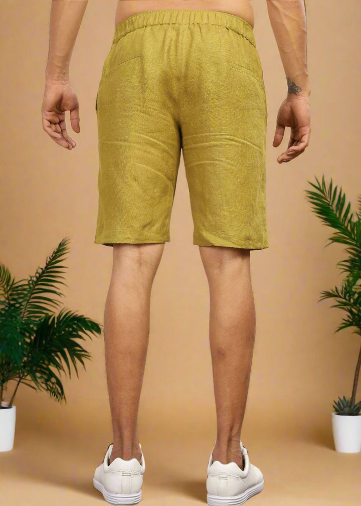 Trio Shorts - Pure Linen Shorts With Elastic Band - Sap Green