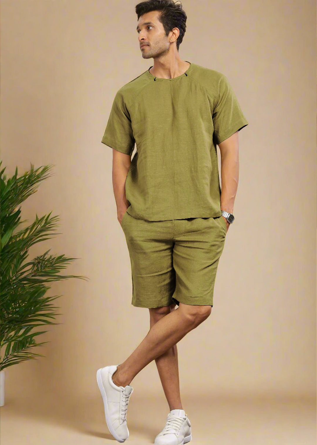 Trio Shorts 100% Pure Linen Shorts in Sap Green with Elastic Band crafted in 25 LEA