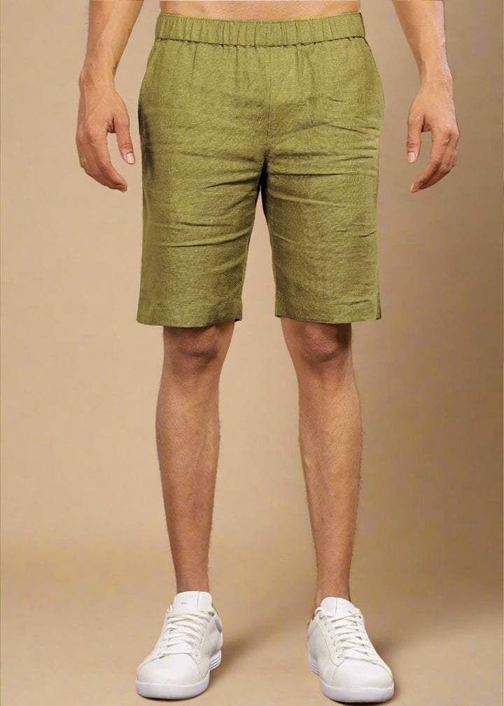 Trio Shorts 100% Pure Linen Shorts in Sap Green with Elastic Band crafted in 25 LEA