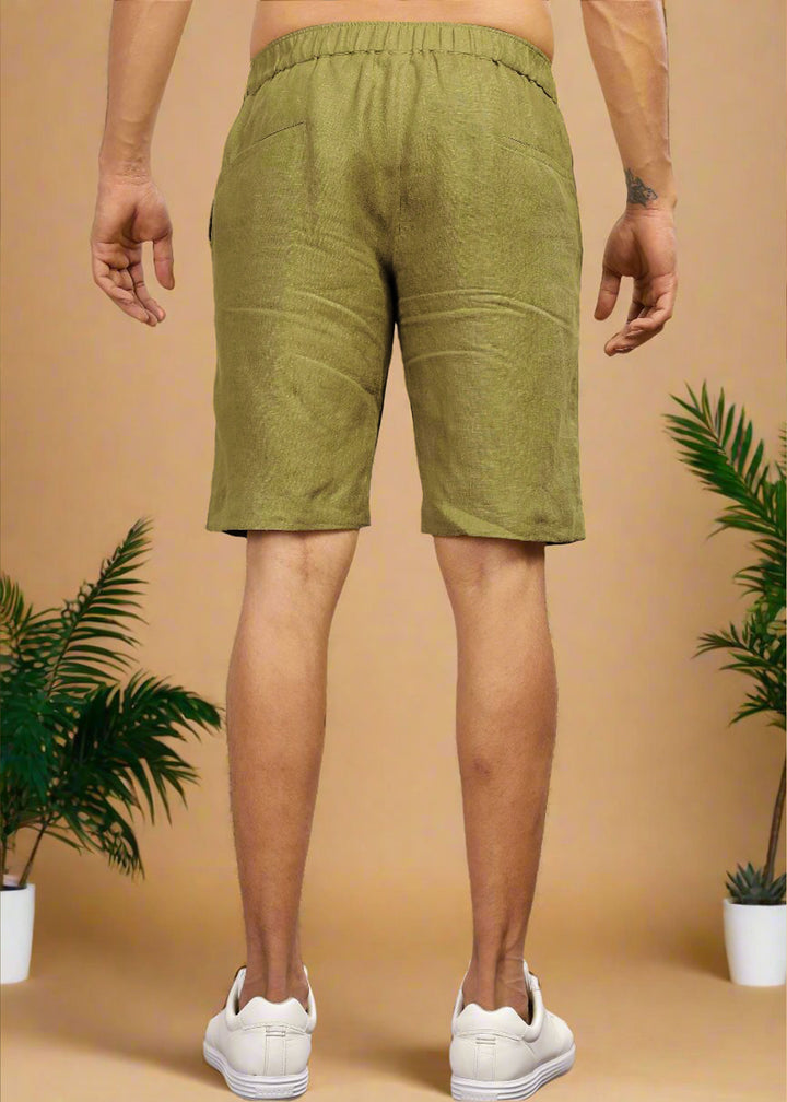 Trio Shorts 100% Pure Linen Shorts in Sap Green with Elastic Band crafted in 25 LEA