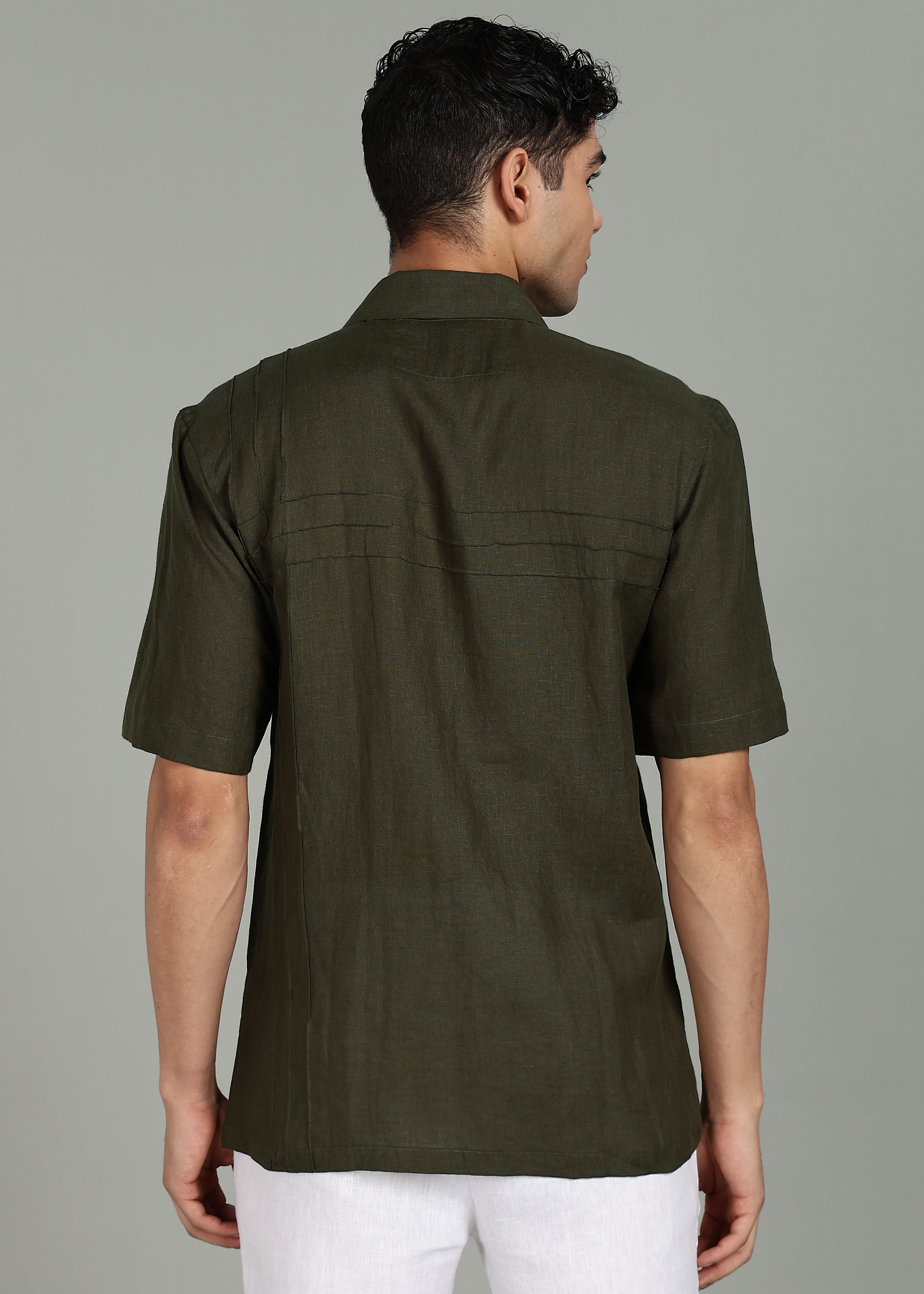 Moss Green Pure Linen Half Sleeve Shirt with Pintuck Detailing
