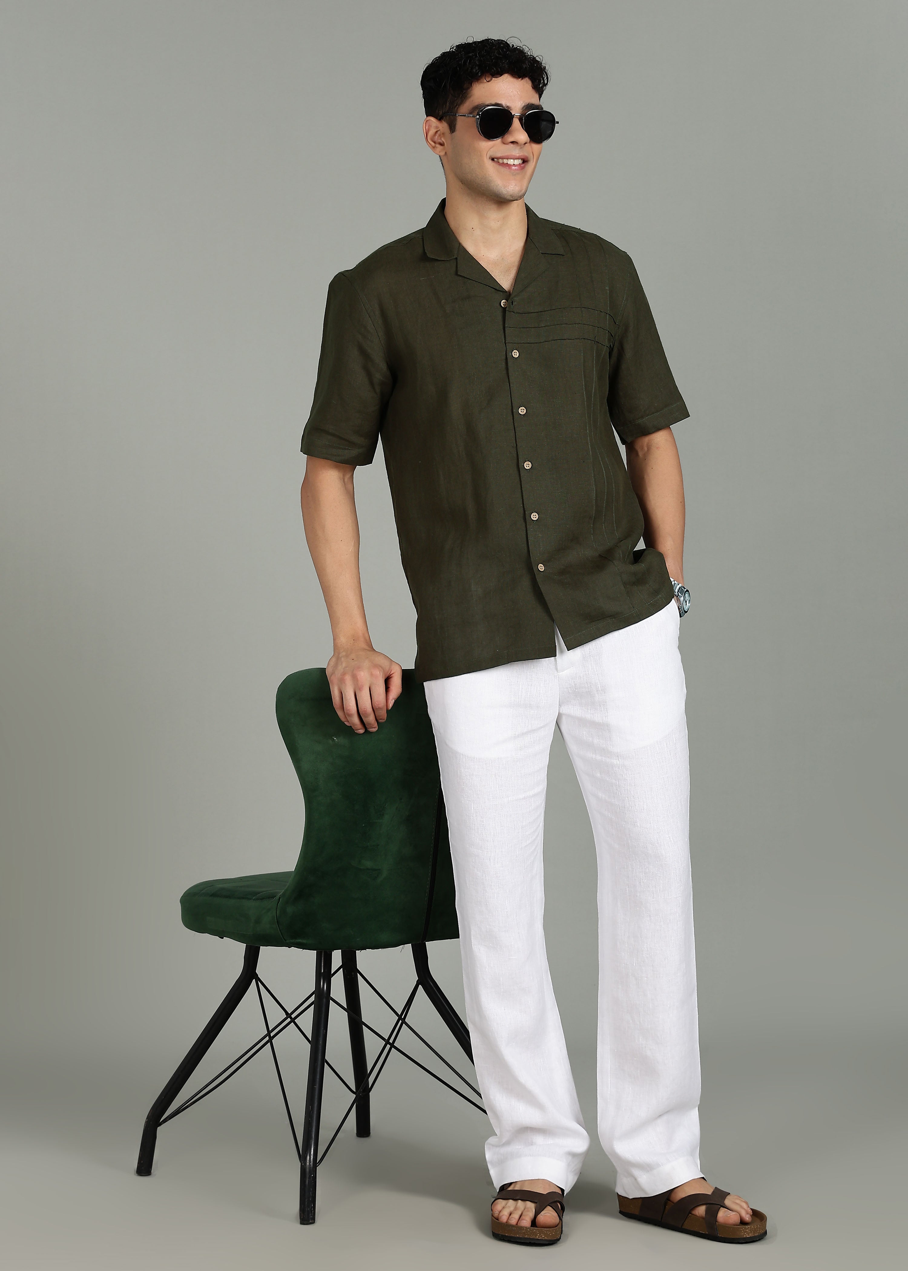 Moss Green Pure Linen Half Sleeve Shirt with Pintuck Detailing