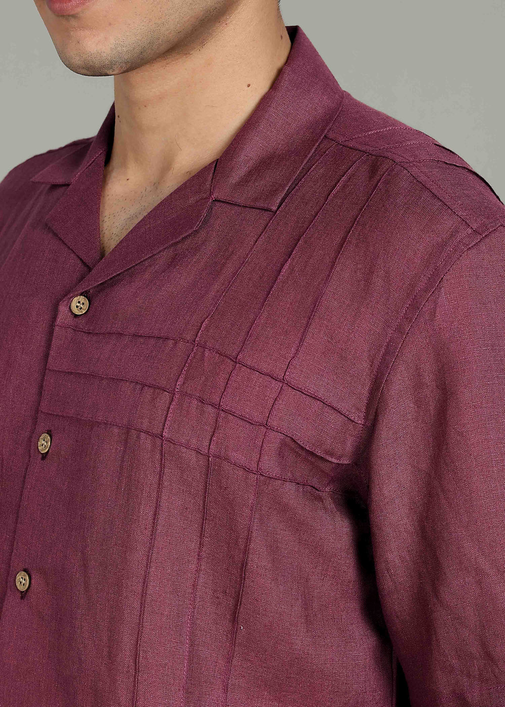 Man wearing 100% 60 LEA Twilight Purple Cuban collar Half sleeve Shirt in an indoor grey background.