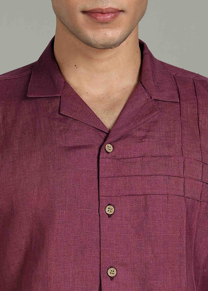 Man wearing 100% 60 LEA Twilight Purple Cuban collar Half sleeve Shirt in an indoor grey background.