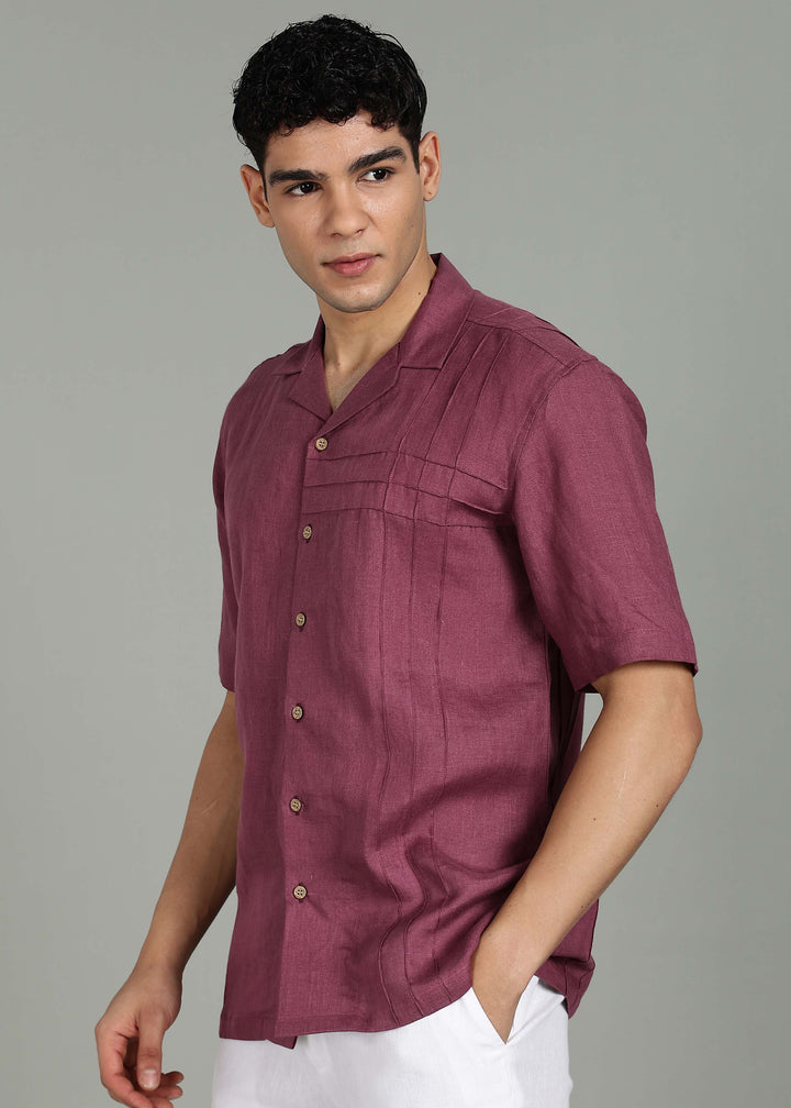 Man wearing 100% 60 LEA Twilight Purple Cuban collar Half sleeve Shirt in an indoor grey background.
