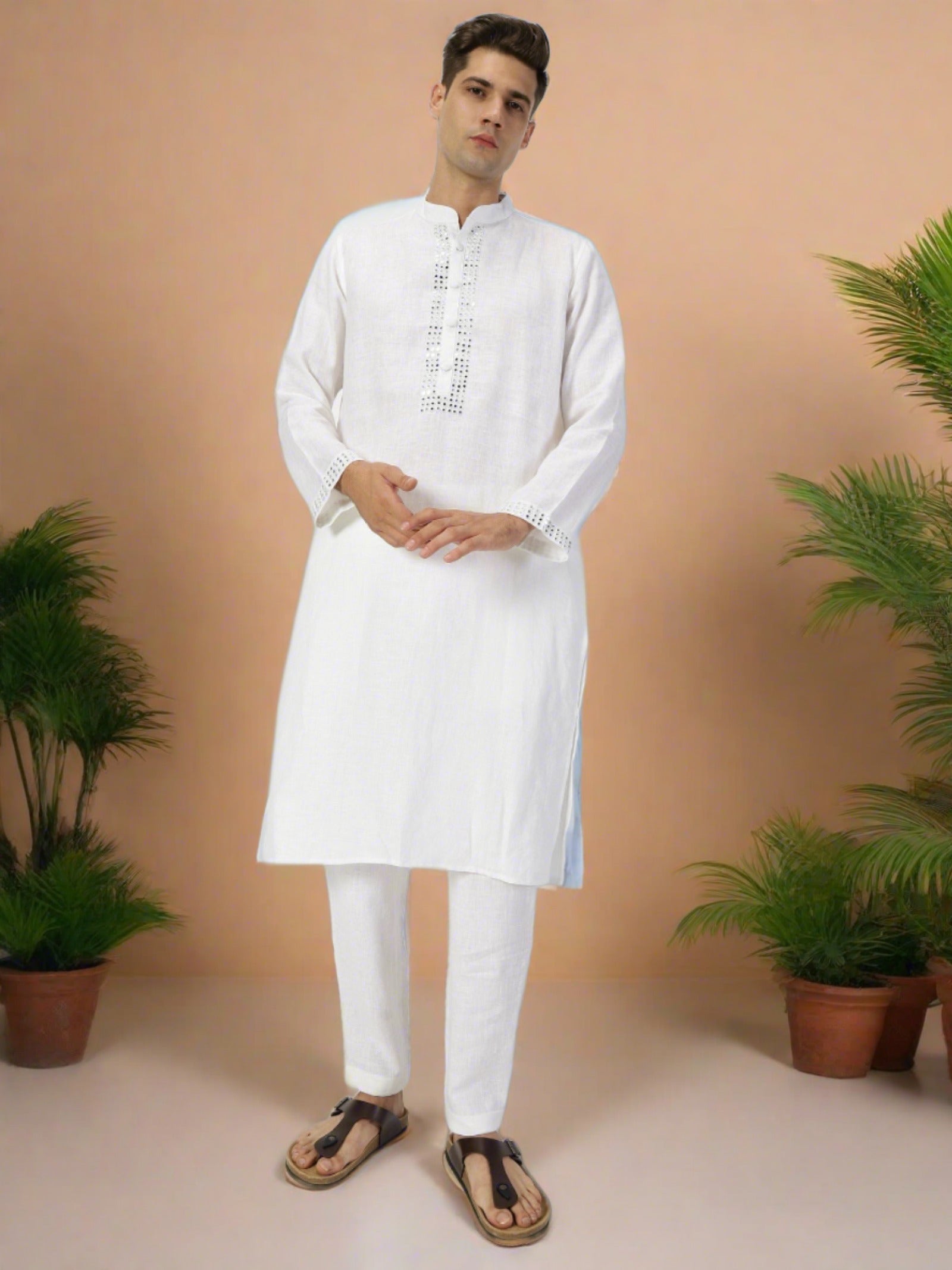 White Full Sleeve Pure Linen Long Kurta Set With Mirror Work – Linen Trail