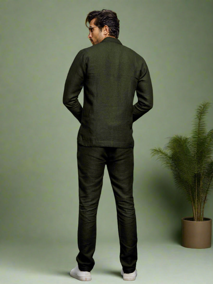 Dark Green Pure Linen Deconstructed Jacket & Trouser Set