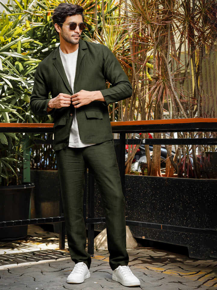 Dark Green Pure Linen Deconstructed Jacket & Trouser Set