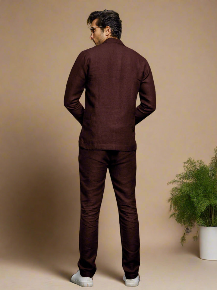 Maroon Pure Linen Deconstructed Jacket & Trouser Set