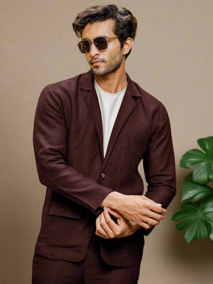 Maroon Pure Linen Deconstructed Jacket & Trouser Set