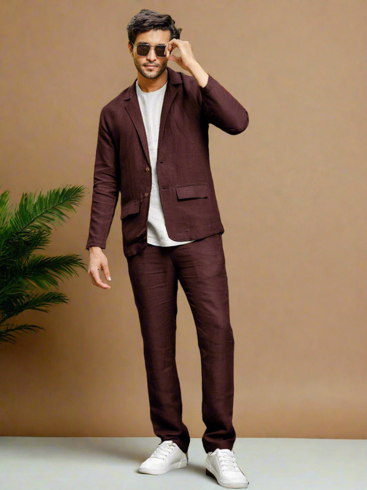 Maroon Pure Linen Deconstructed Jacket & Trouser Set