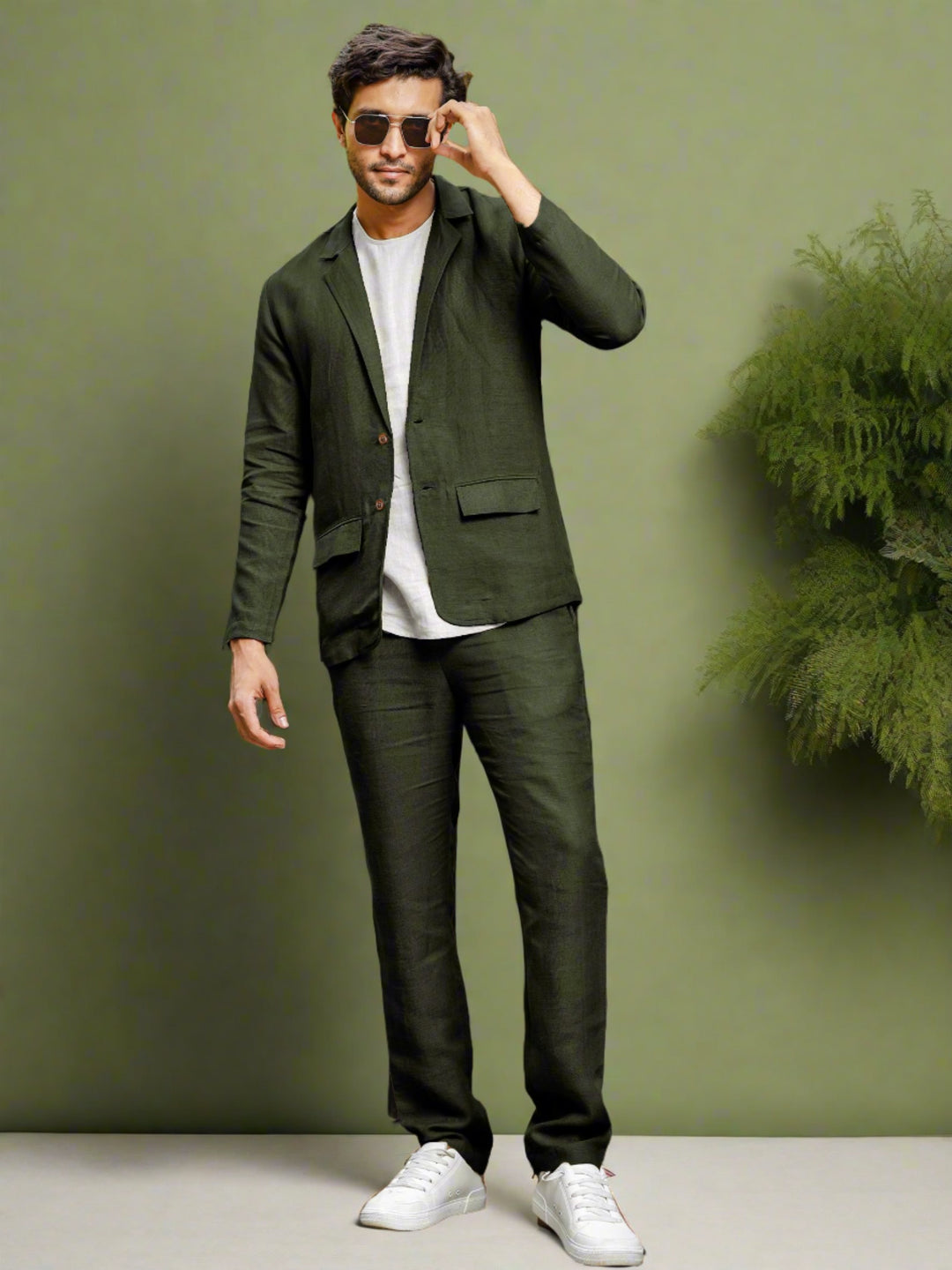 Dark Green Pure Linen Deconstructed Jacket & Trouser Set