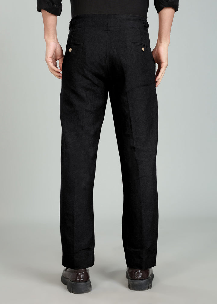 Wes Pants - Pure Linen Double Pleated Trousers with Adjustable Waistband - Black