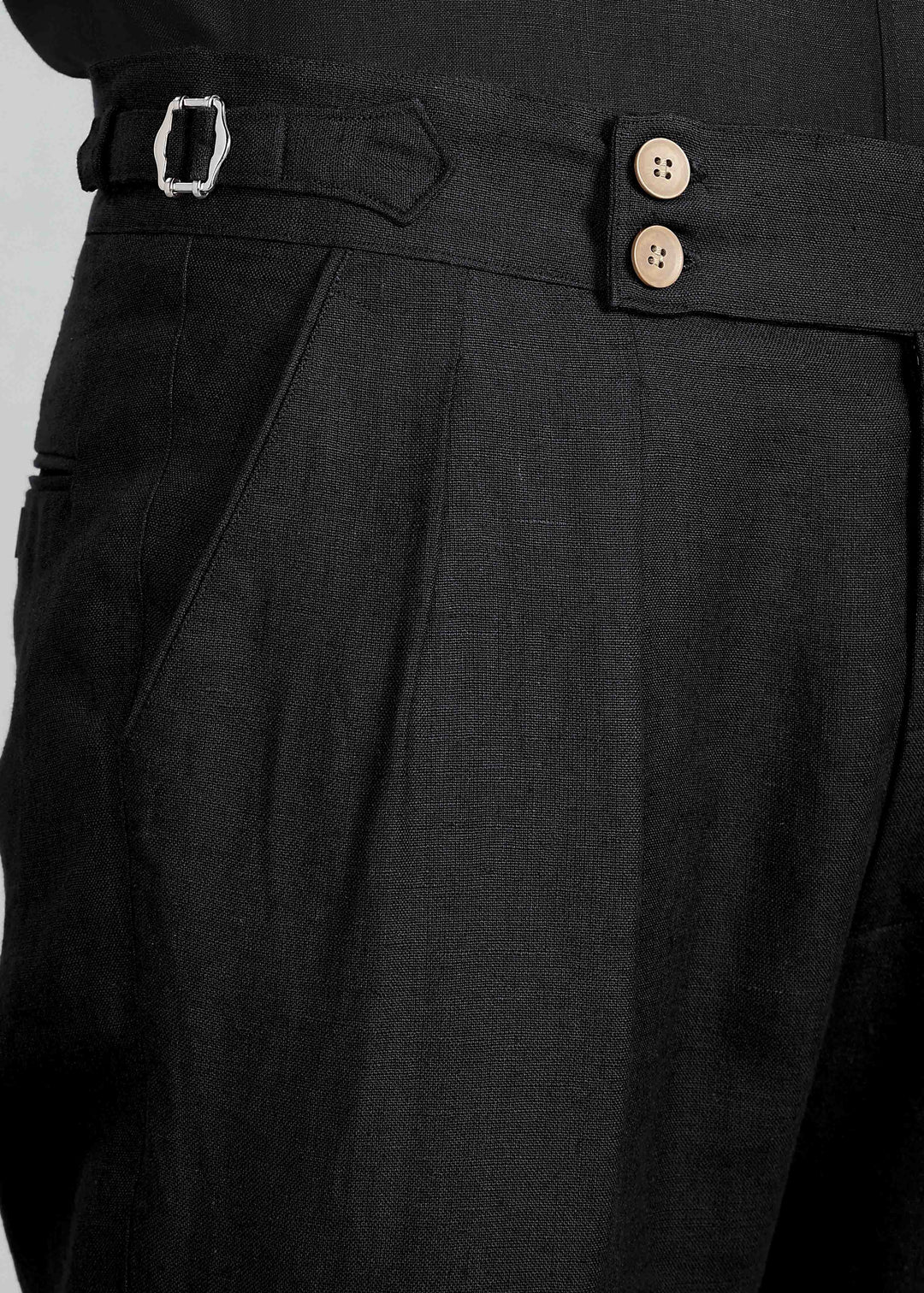 Wes Pants - Pure Linen Double Pleated Trousers with Adjustable Waistband - Black