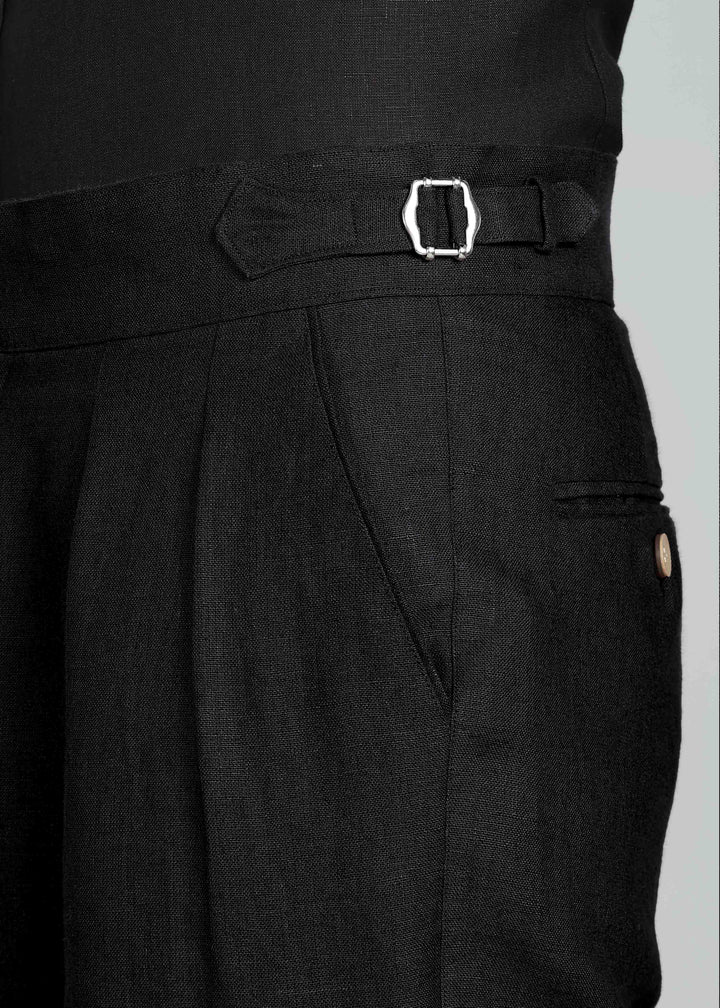 Wes Pants - Pure Linen Double Pleated Trousers with Adjustable Waistband - Black