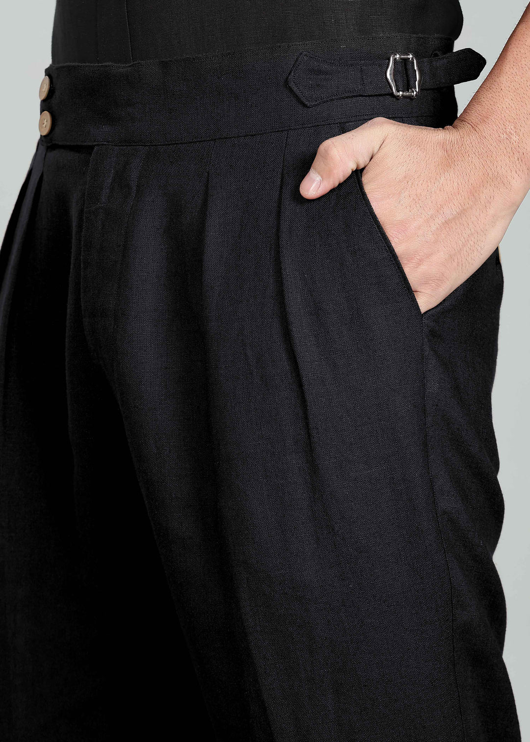 Wes Pants - Pure Linen Double Pleated Trousers with Adjustable Waistband - Black