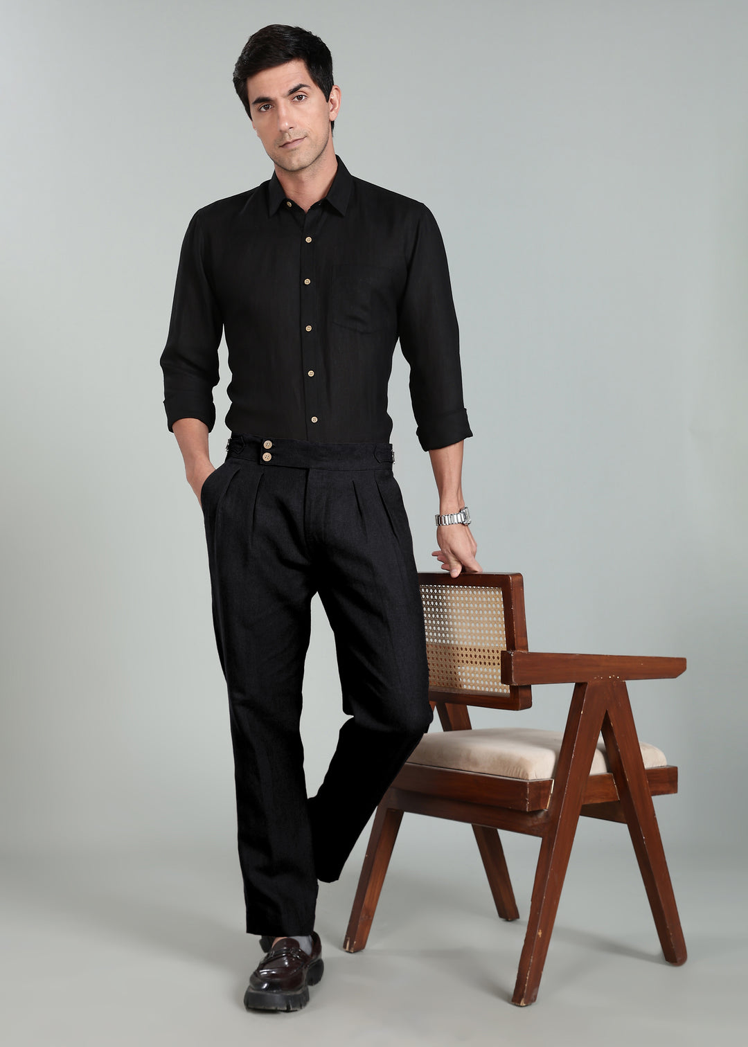 Wes Pants - Pure Linen Double Pleated Trousers with Adjustable Waistband - Black