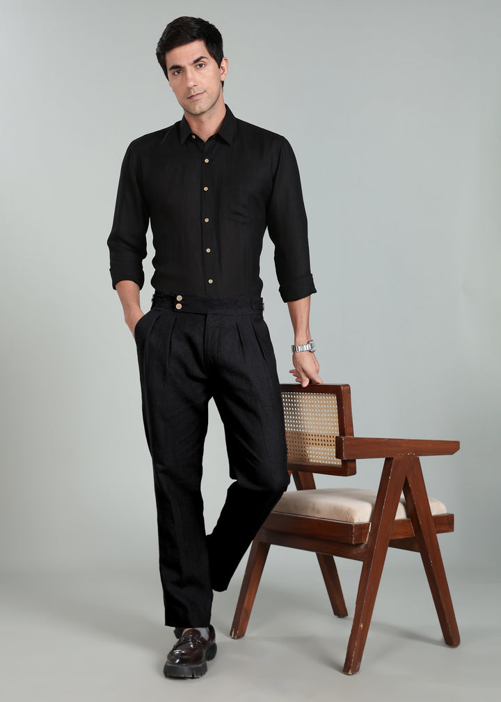 Wes Pants - Pure Linen Double Pleated Trousers with Adjustable Waistband - Black