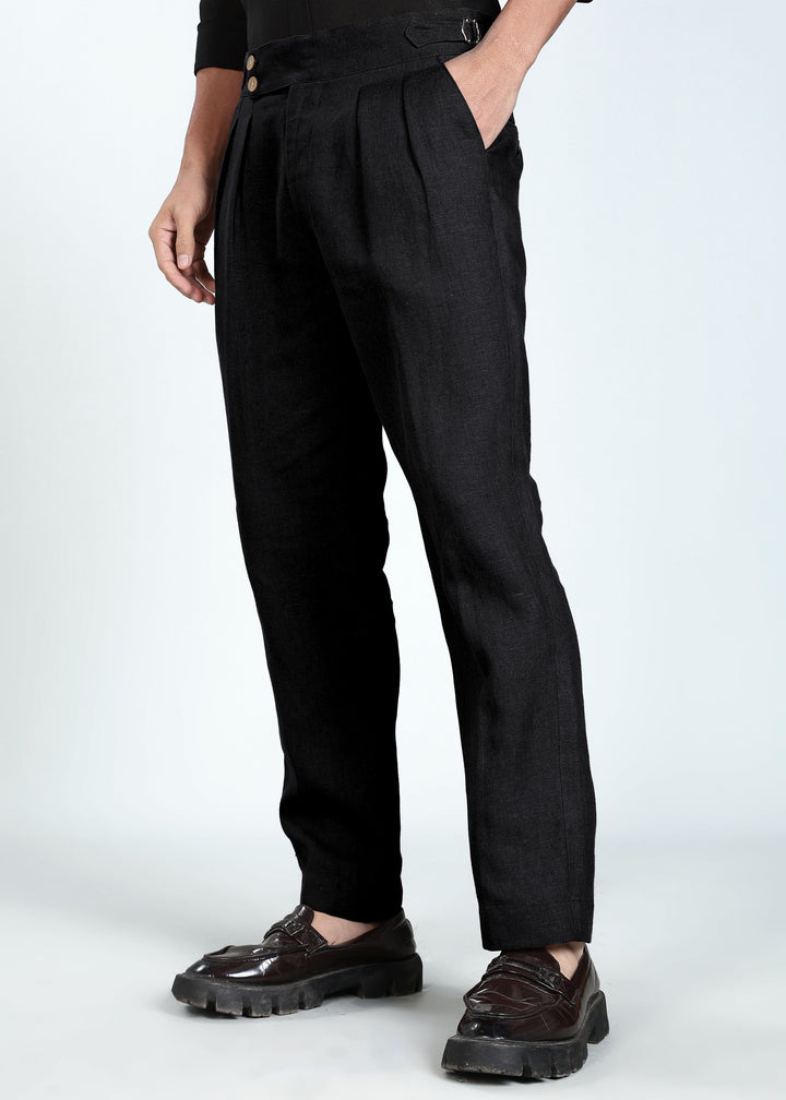 Wes Pants - Pure Linen Double Pleated Trousers with Adjustable Waistband - Black