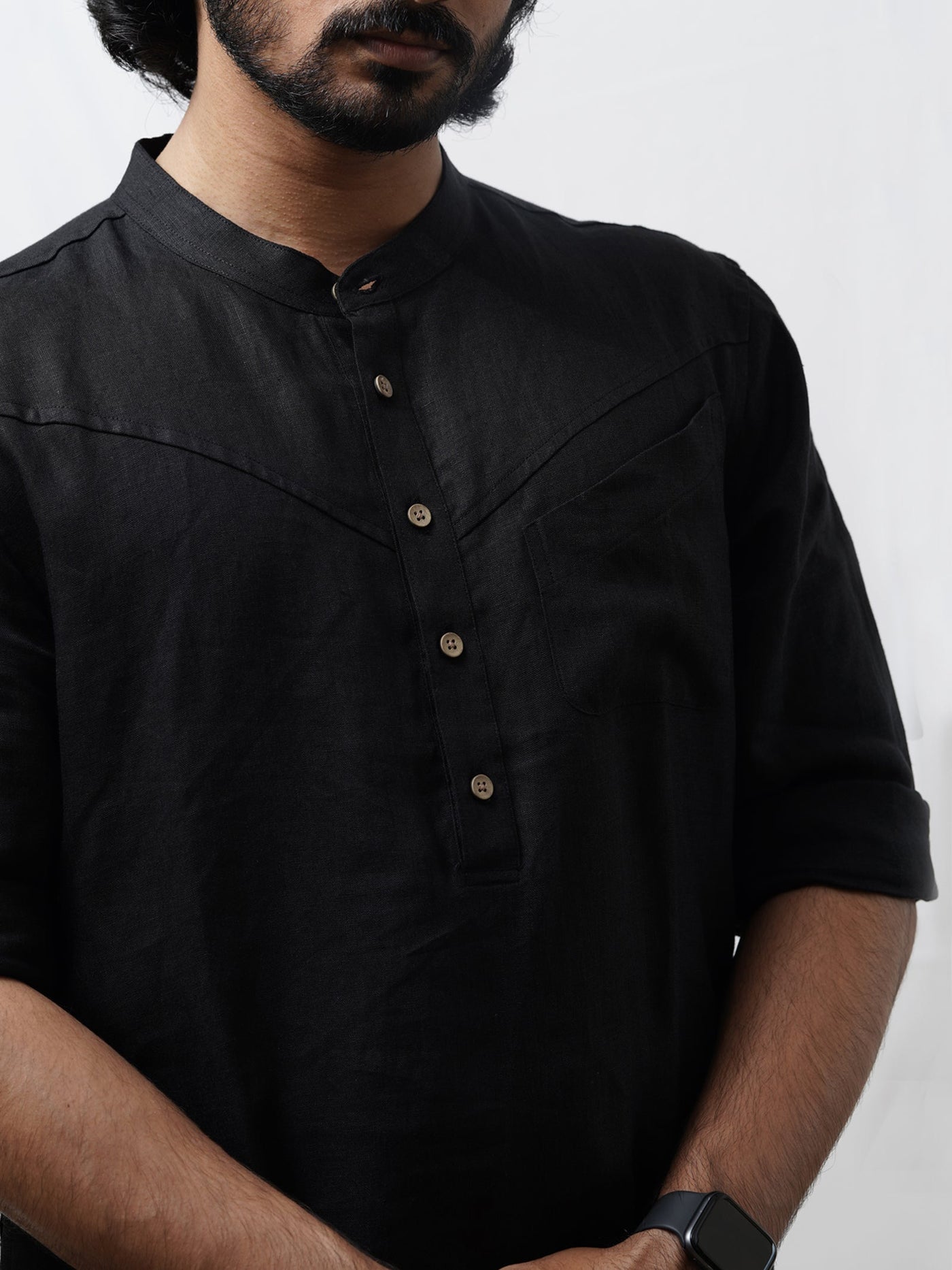Wills - Full Sleeve Mandarin Collar Pure Linen Short Kurta - Black | Relove