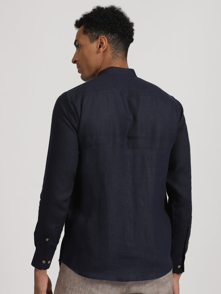 Wilson - Pure Linen Hand Embroidered Full Sleeve Shirt - Dark Blue
