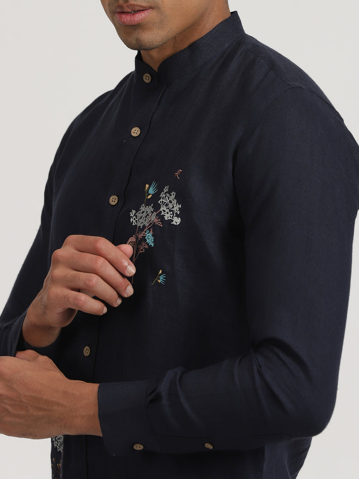 Wilson - Pure Linen Hand Embroidered Full Sleeve Shirt - Dark Blue