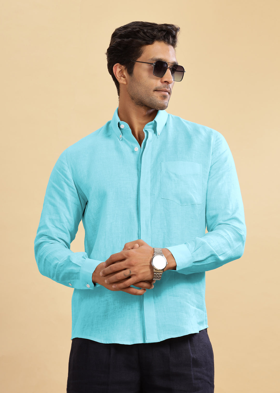 Winston - Pure Linen Button Down Full Sleeve Shirt with Concealed Placket - Ice Blue