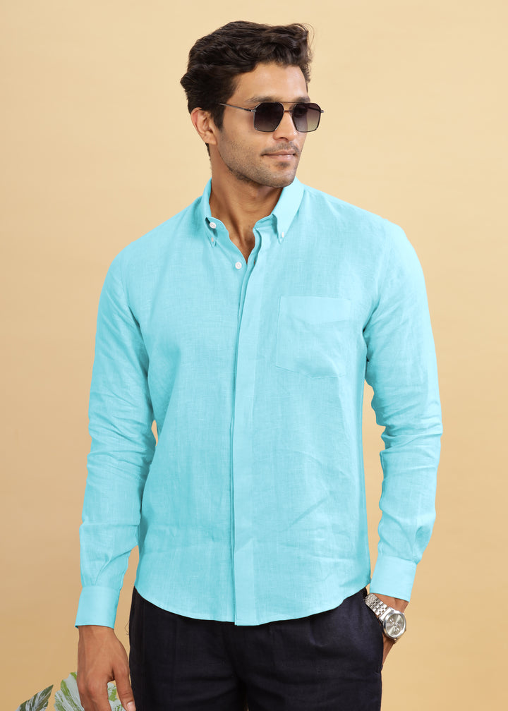 Winston - Pure Linen Button Down Full Sleeve Shirt with Concealed Placket - Ice Blue