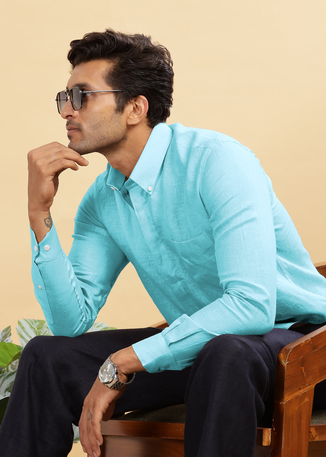 Winston - Pure Linen Button Down Full Sleeve Shirt with Concealed Placket - Ice Blue