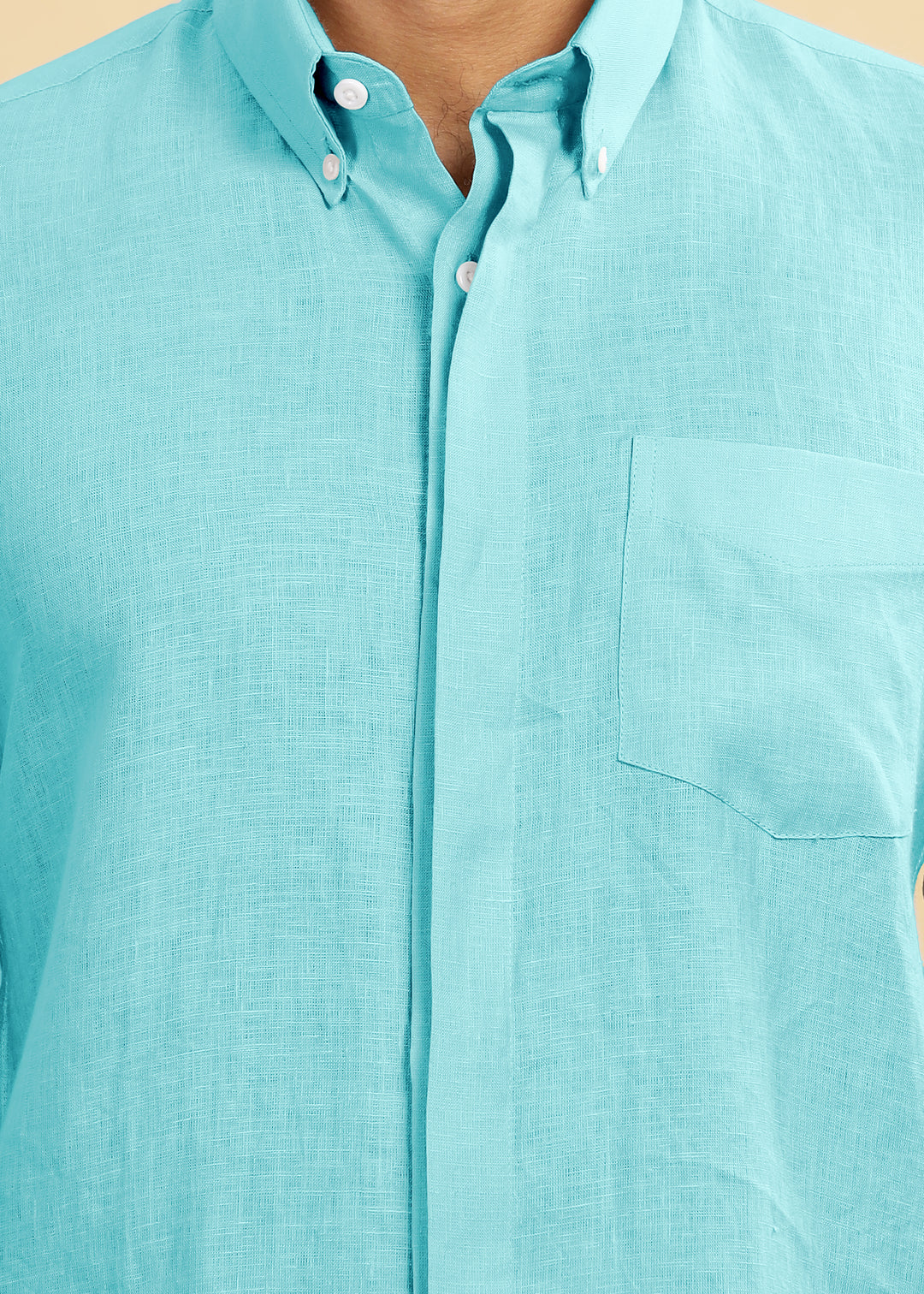Winston - Pure Linen Button Down Full Sleeve Shirt with Concealed Placket - Ice Blue