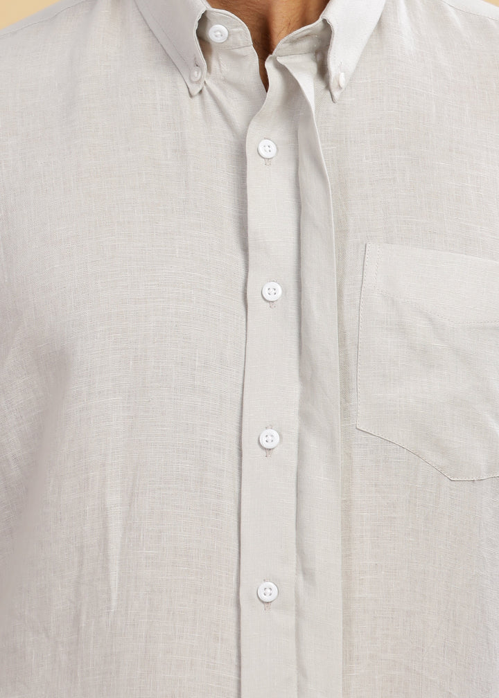 Winston - Pure Linen Button Down Full Sleeve Shirt with Concealed Placket - Light Grey