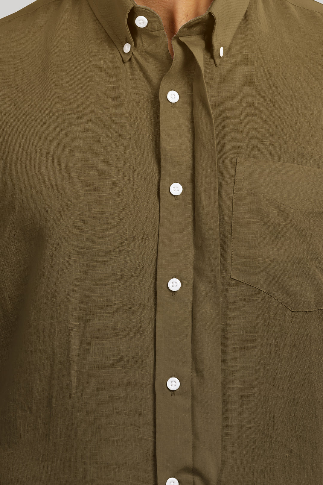 Winston - Pure Linen Button Down Full Sleeve Shirt with Concealed Placket - Moss Green