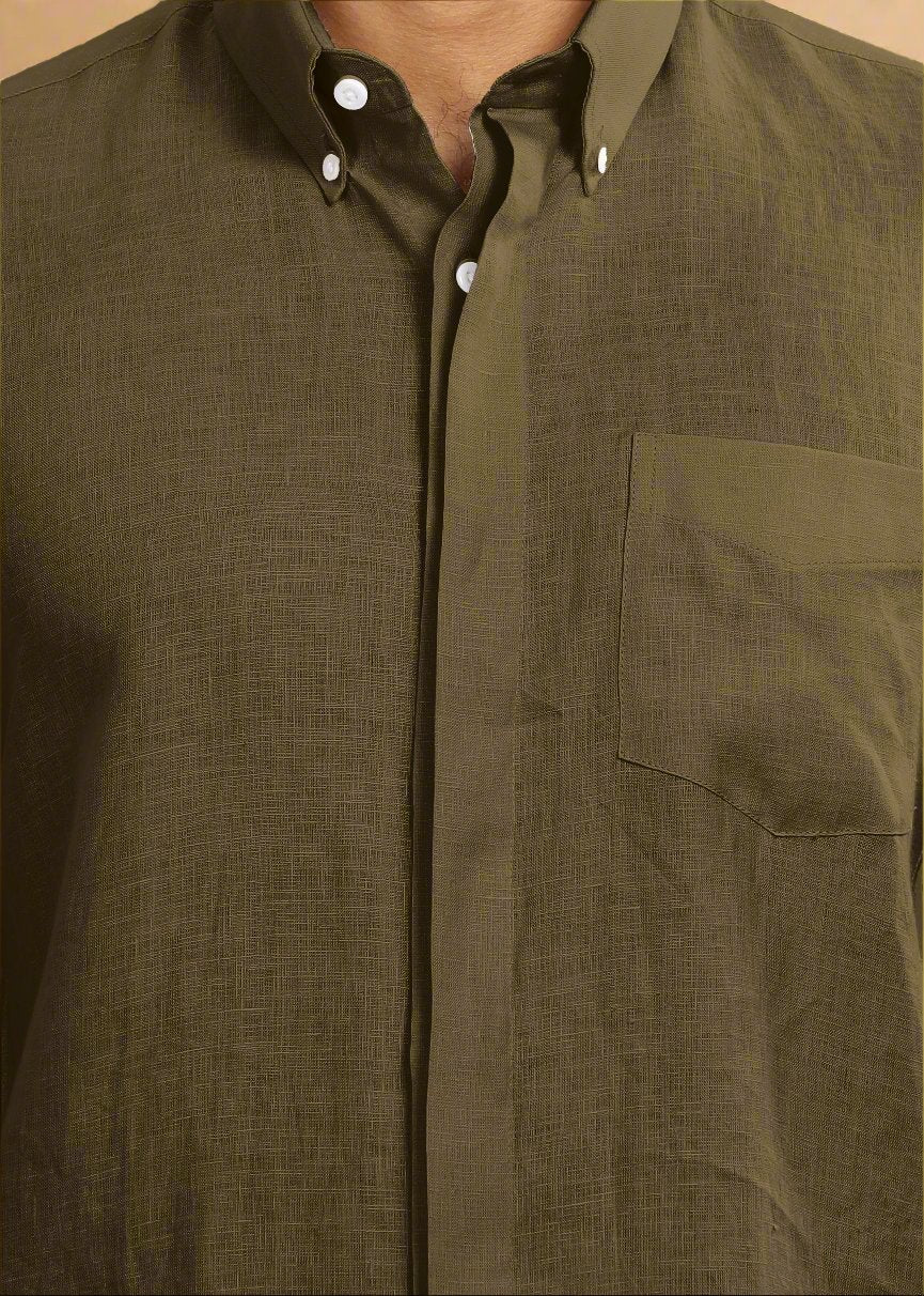 Winston - Pure Linen Button Down Full Sleeve Shirt with Concealed Placket - Moss Green