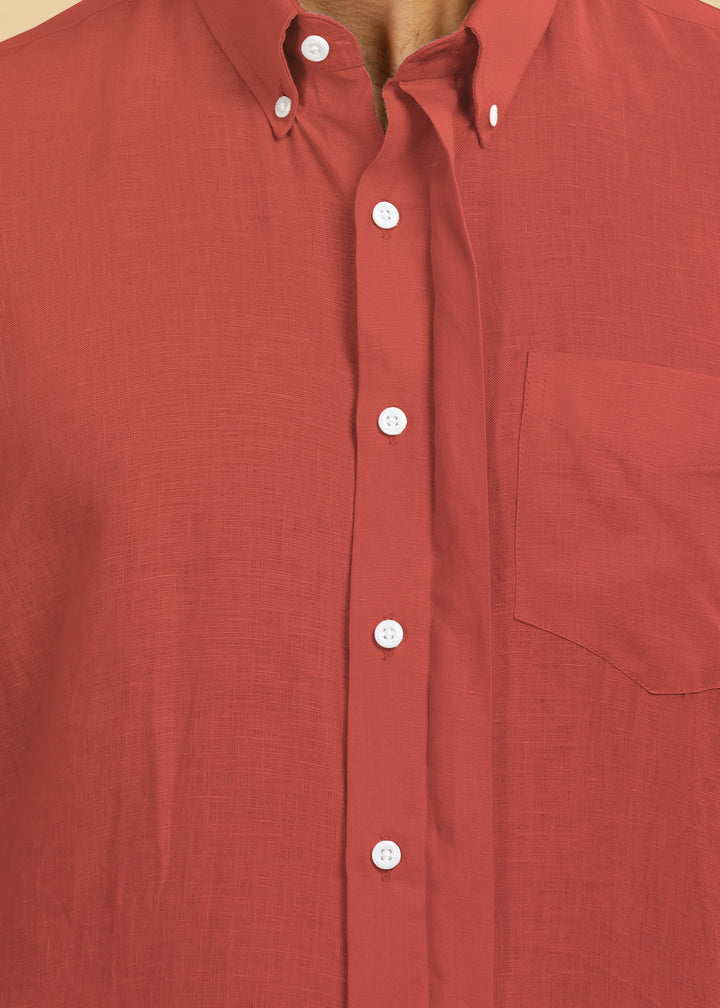 Winston - Pure Linen Button Down Full Sleeve Shirt with Concealed Placket - Terracotta Red