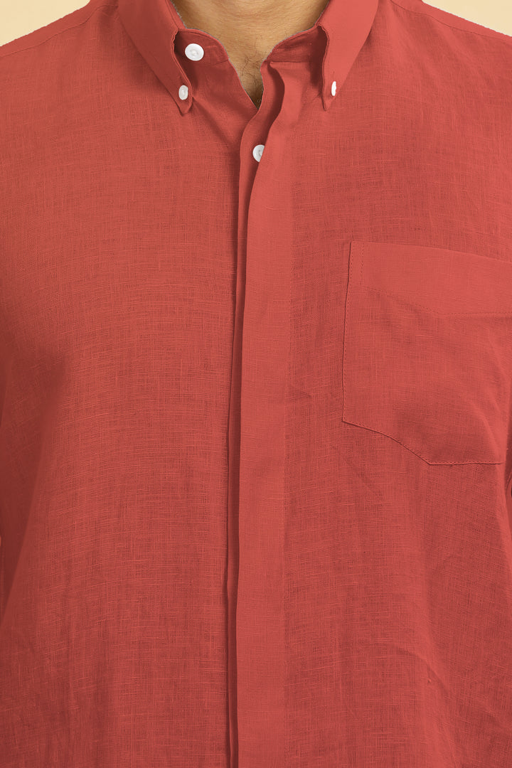 Winston - Pure Linen Button Down Full Sleeve Shirt with Concealed Placket - Terracotta Red