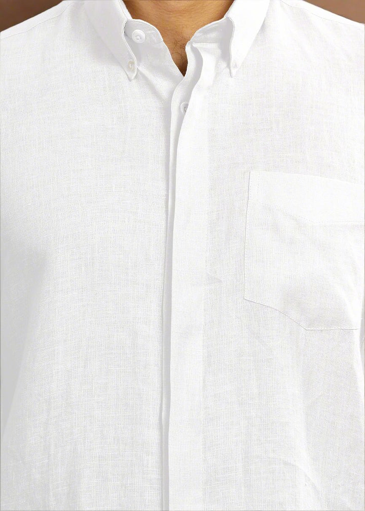 Winston - Pure Linen Button Down Full Sleeve Shirt with Concealed Placket - White