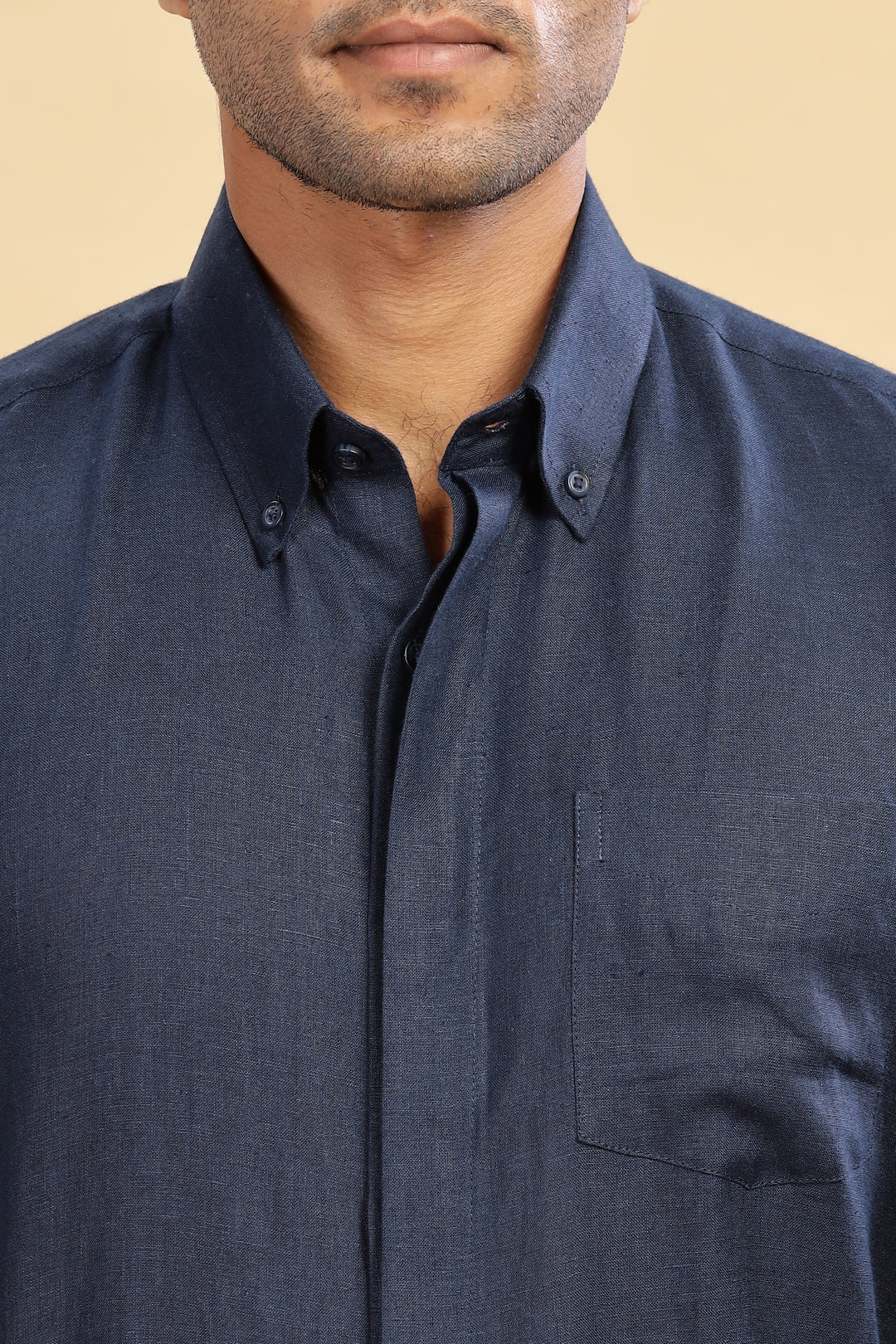 Winston - Pure Linen Button Down Full Sleeve Shirt with Concealed Placket - Navy Blue