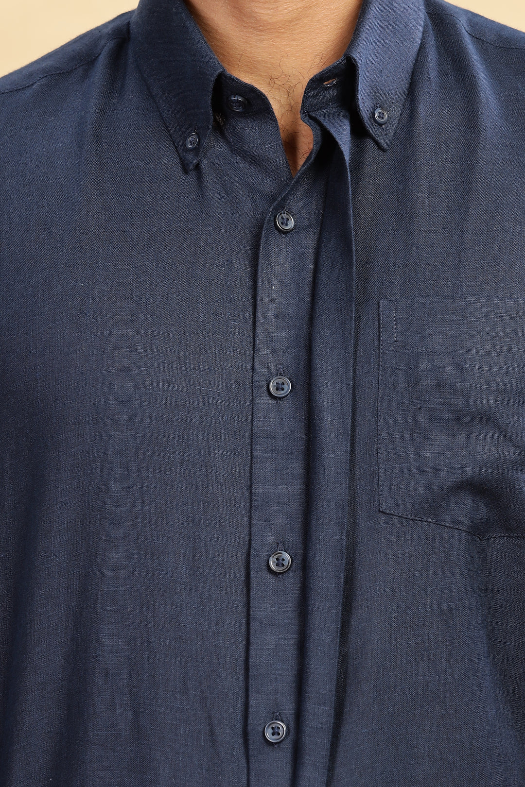 Winston - Pure Linen Button Down Full Sleeve Shirt with Concealed Placket - Navy Blue